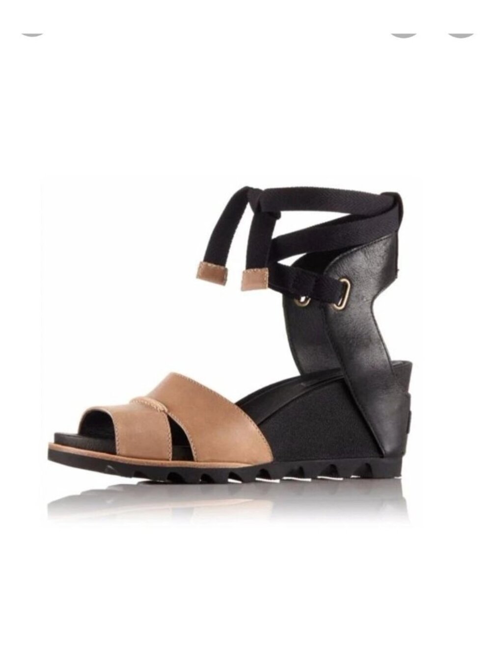 Sorel Womens Joanie Wrap Leather Wedge Sandal Black Tan Size 10 Comfort